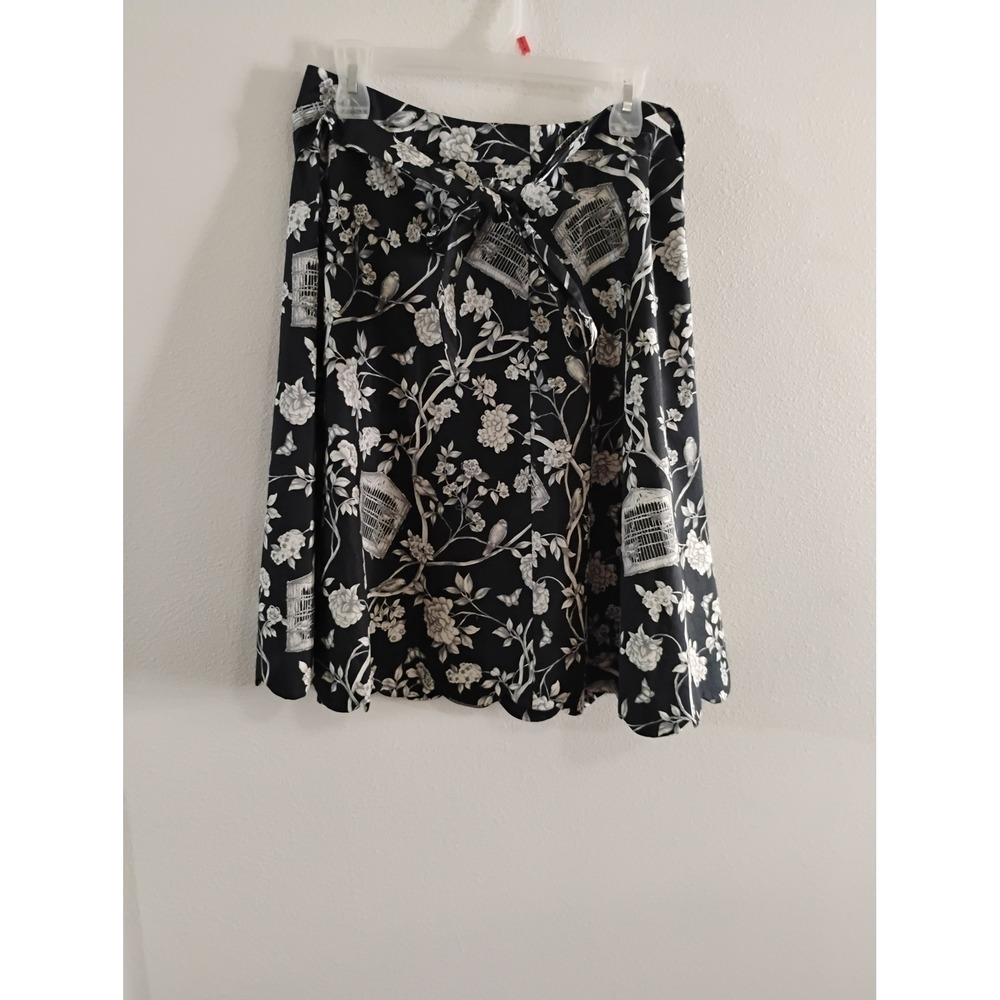Talbots Petites Black White Birdcage Floral A-Line Skirt with Belt Size 14P